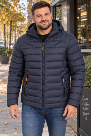 Geci si veste barbati - Geaca de Fas Barbati cu Gluga Detasabila si Buzunare cu Fermoar - Matlasata Casual Bleumarin 008