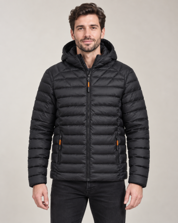 Geci si veste barbati - Geaca de Fas Barbati cu Gluga Detasabila si Buzunare cu Fermoar - Matlasata Casual Negru