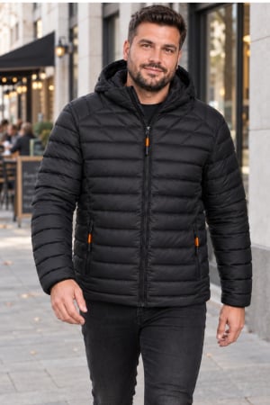 Geci si veste barbati - Geaca de Fas Barbati cu Gluga Detasabila si Buzunare cu Fermoar - Matlasata Casual Negru 008