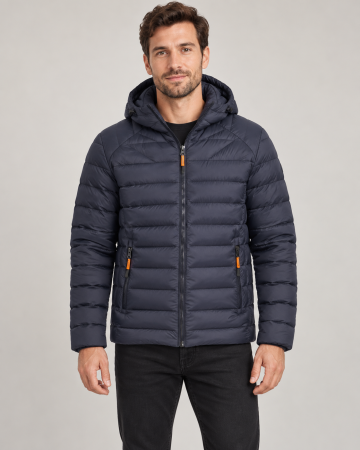 Geci si veste barbati - Geaca de Fas Barbati cu Gluga Detasabila si Buzunare cu Fermoar - Matlasata Casual Bleumarin