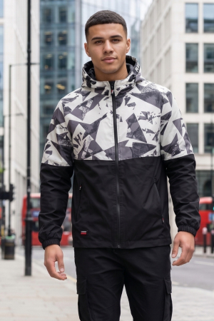 Geci si veste barbati - Geaca de Fas Subtire Barbati cu Gluga, Model Camuflaj Gri-Negru, Buzunare cu Fermoar 7934-2