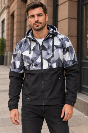 Geci si veste barbati - Geaca de Fas Subtire Barbati cu Gluga, Model Camuflaj Gri-Negru, Buzunare cu Fermoar 7934-3