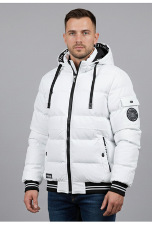 Geci si veste barbati - Geaca de Iarna Barbati Alba cu Gluga si Detalii Negre Contrastante 7952-4