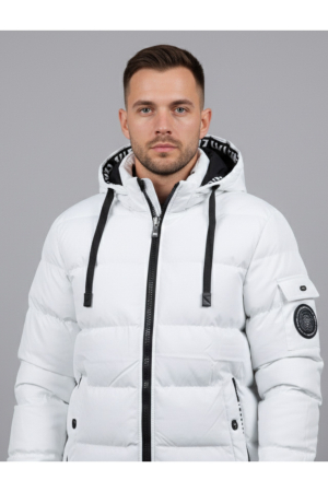 Geaca de Iarna Barbati Alba cu Gluga si Detalii Negre Contrastante 7952-4 [1]