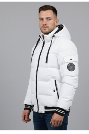 Geaca de Iarna Barbati Alba cu Gluga si Detalii Negre Contrastante 7952-4 [2]