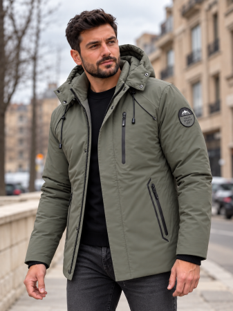 Geci si veste barbati - Geaca Groasa Barbati de Iarna Kaki cu Gluga si Buzunare cu Fermoar