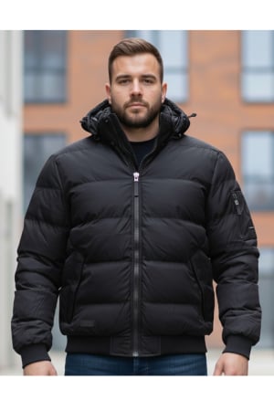 Geci - Geaca groasa Barbati marimi mari, gluga si blana detasabila, negru 8444