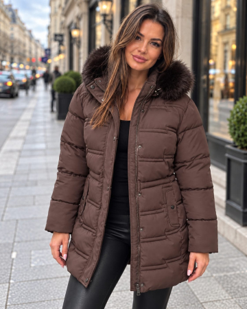 Geci si veste dama - Geaca dama groasa lunga Maro cu gluga si blana, model matlasat de iarna