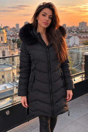 Geci si veste dama - Geaca lunga dama neagra de iarna cu gluga si blana, model matlasat 8818