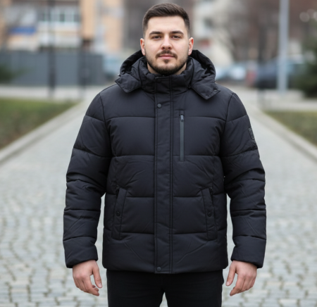 Jacheta groasa de iarna pentru barbati, neagra, cu gluga detasabila 2601 negru [3]