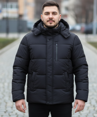 Geci - Jacheta groasa de iarna pentru barbati, neagra, cu gluga detasabila 2601 negru