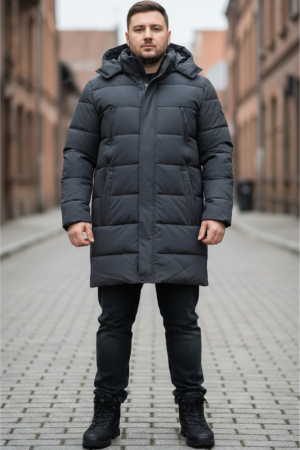 Geci si veste barbati - Geaca Barbati groasa de Iarna Lunga Cu Gluga Detasabila 2605 kaki/gri