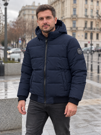 Geci si veste barbati - Geaca Barbati Groasa de Iarna Bleumarin, cu Gluga Detasabila, Rezistenta la Apa si Vant, Buzunare Interioare