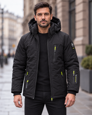 Geci si veste barbati - Geaca Groasa de Iarna Barbati Neagra cu Gluga si Buzunare cu Fermoar - Model Sport