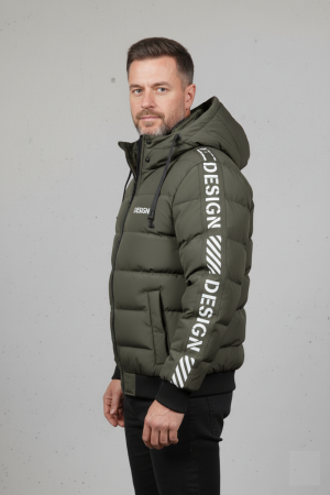 Geaca groasa de iarna barbati, neagra cu gluga detasabila si imprimeu kaki 7951 [3]