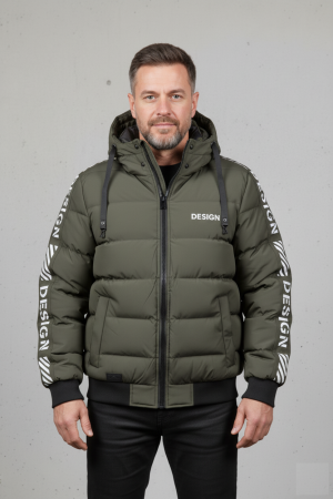 Geci - Geaca groasa de iarna barbati, neagra cu gluga detasabila si imprimeu kaki 7951