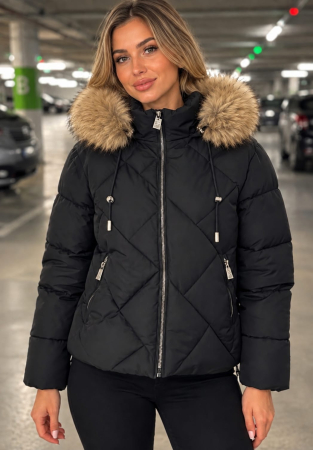 Geci si veste dama - Geaca groasa dama neagra cu gluga si blana bej, model matlasat , geaca de iarna 8814