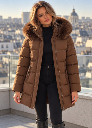 Geci si veste dama - Geaca groasa lunga dama maro cu gluga si blana, model matlasat de iarna 8819