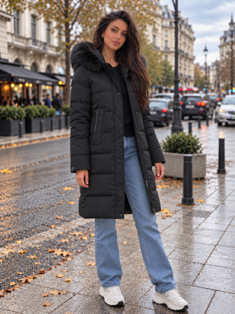 Geci si veste dama - Geaca lunga dama neagra matlasata cu gluga si blana, model elegant de iarna 8817