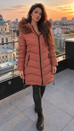 Geci si veste dama - Geaca lunga dama Caramiziu, de iarna cu gluga si blana, model matlasat 8818