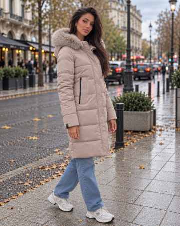 Geci si veste dama - Geaca lunga dama matlasata cu gluga si blana, model elegant de iarna Bej 8817