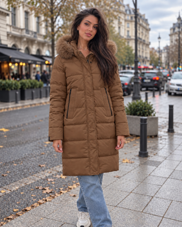 Geci si veste dama - Geaca lunga dama matlasata cu gluga si blana, model elegant de iarna Maro 8817