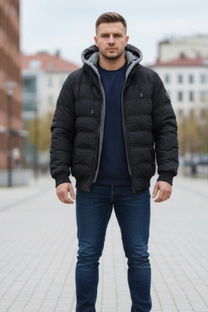 Geci - Geaca Barbati Iarna Neagra cu Gluga Detasabila 7184 negru