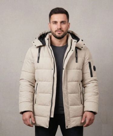 Geci - Geaca matlasata de iarna pentru barbati, calduroasa, cu gluga detasabila 7187 bej deschis