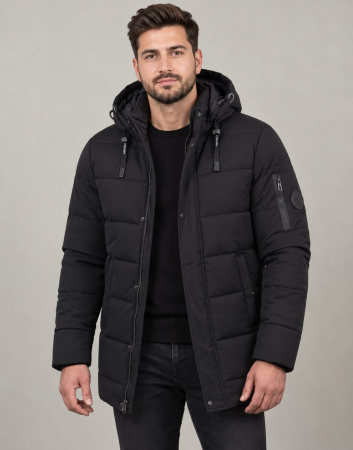 Geci si veste barbati - Geaca barbati matlasata neagra, cu gluga detasabila, buzunare fermoar, 7187 negru