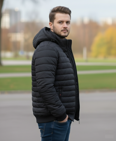 Geaca Matlasata pentru Barbati , cu gluga detasabila, buzunare cu fermoar negru 8891 [2]