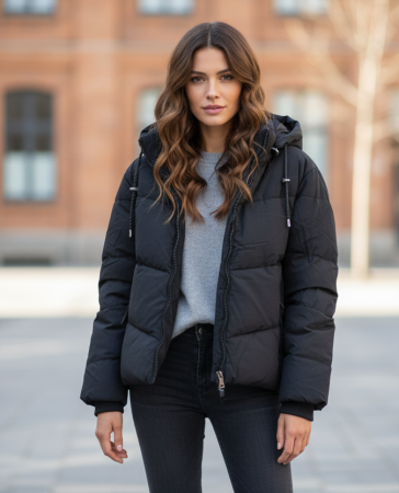 Geci si veste dama - Geaca Neagra cu Gluga detasabila pentru Femei negru 8051-1