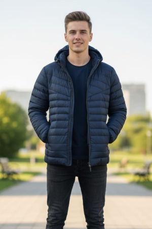 Geci si veste barbati - Geaca de Fas pentru Barbati cu gluga detasabila, buzunare cu fermoar bleumarin G803