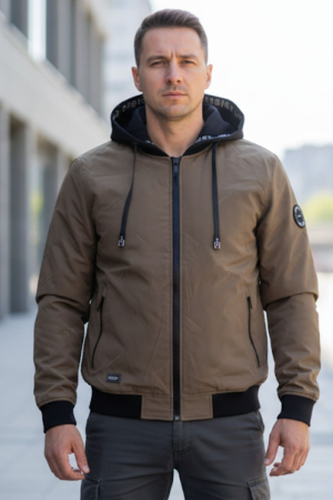 Geci si veste barbati - Geaca pentru Barbati marime mare impermeabila, cu gluga detasabila, buzunare, cu fermoar, kaki 8403-4