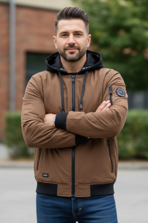 Geci si veste barbati - Geaca pentru Barbati marime mare impermeabila, cu gluga detasabila, buzunare, cu fermoar, maro inchis 8403