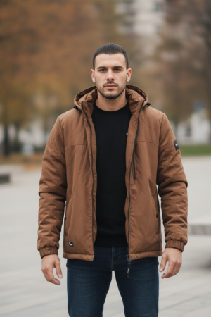 Geci si veste barbati - Geaca pentru Barbati  impermeabila, cu gluga detasabila, buzunare, cu fermoar, maro 8408-3