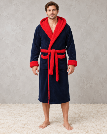 Pijamale barbati - Halat barbat cocolino, material moale si pufos, cu buzunare si gluga, rosu/bleumarin