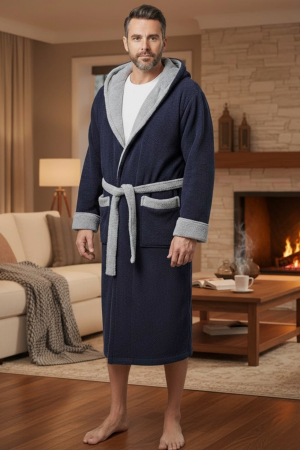 Halate barbati - Halat barbat cocolino, material moale si pufos, cu buzunare si gluga, gri/bleumarin