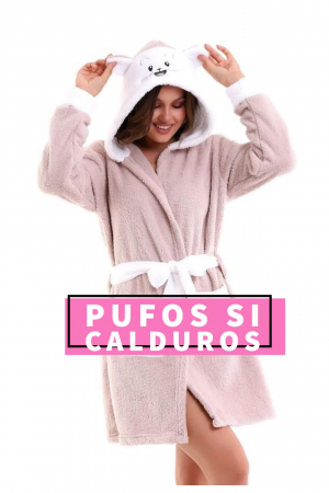 Halat cocolino de casa dama, pufos, cu gluga, imprimeu Pisicuta, bej [3]