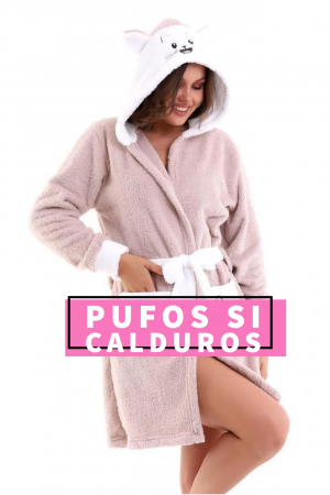 Halat cocolino de casa dama, pufos, cu gluga, imprimeu Pisicuta, bej [2]