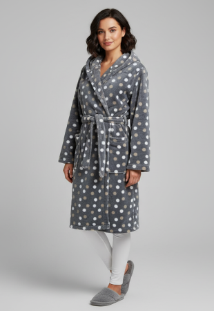 Pijamale dama - Halat dama cu gluga, cocolino soft-polar, pufos, cu cordon, gri buline
