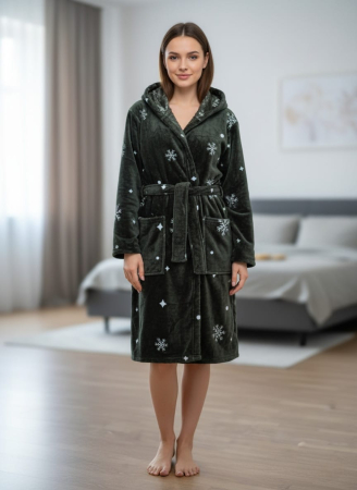 Pijamale dama - Halat dama cu gluga, cocolino soft-polar, pufos, cu cordon, Craciun verde inchis