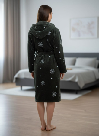 Halat dama cu gluga, cocolino soft-polar, pufos, cu cordon, Craciun verde inchis [1]
