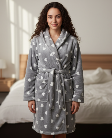 Pijamale dama - Halat dama cu gluga, cocolino soft-polar, pufos, cu cordon, gri inimioare
