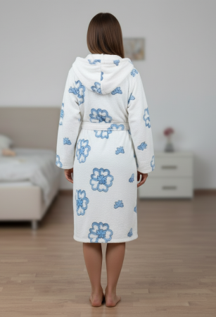 Halat dama cu gluga, cocolino soft-polar, pufos, cu cordon, alb [1]