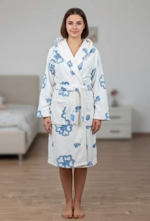 Pijamale dama - Halat dama cu gluga, cocolino soft-polar, pufos, cu cordon, alb