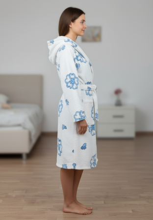 Halat dama cu gluga, cocolino soft-polar, pufos, cu cordon, alb [2]