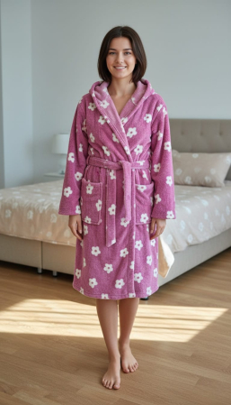Pijamale dama - Halat dama cu gluga, cocolino soft-polar, pufos, cu cordon, floricele roz