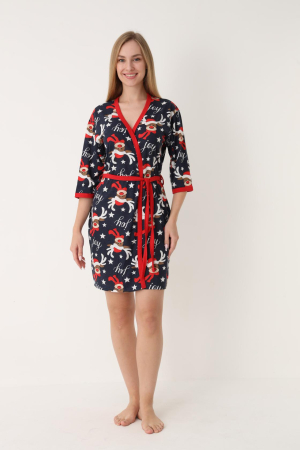 Pijamale - Halat de Casa Craciun Dama cu Imprimeu Ren Vesel 3/4 bleumarin