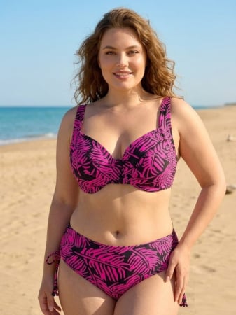 Costume baie 2 piese - Costum de baie 2 piese marimi mari roz cu imprimeu tropical si sutien cu sustinere lm068