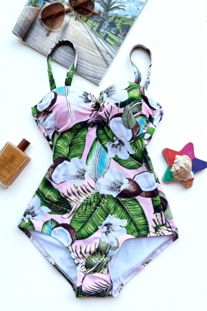 Costum de baie dama, intreg, sutien push-up, imprimeu Tropical coconut, Verde [0]
